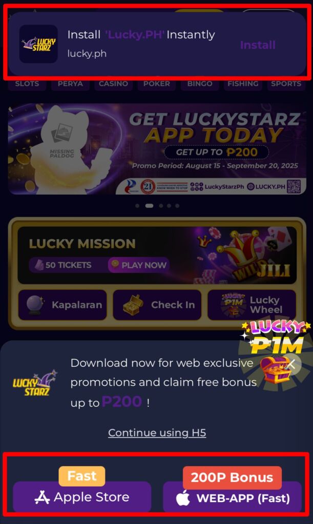 luckystarz App download page