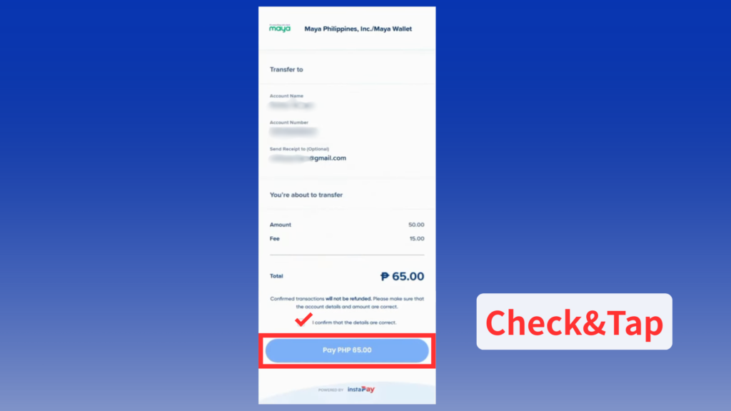 Review the details and tap “Pay PHP”